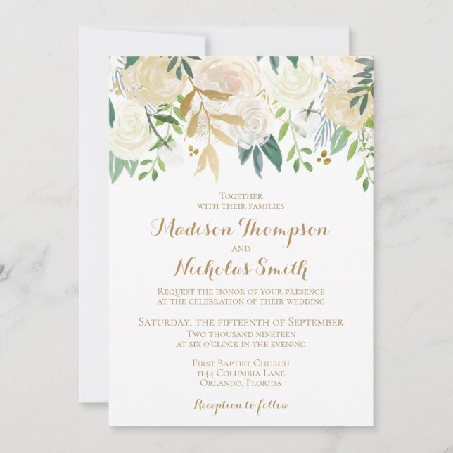Tarjeta de Invitación de Boda con Flor de Oro y Bl (Anverso)