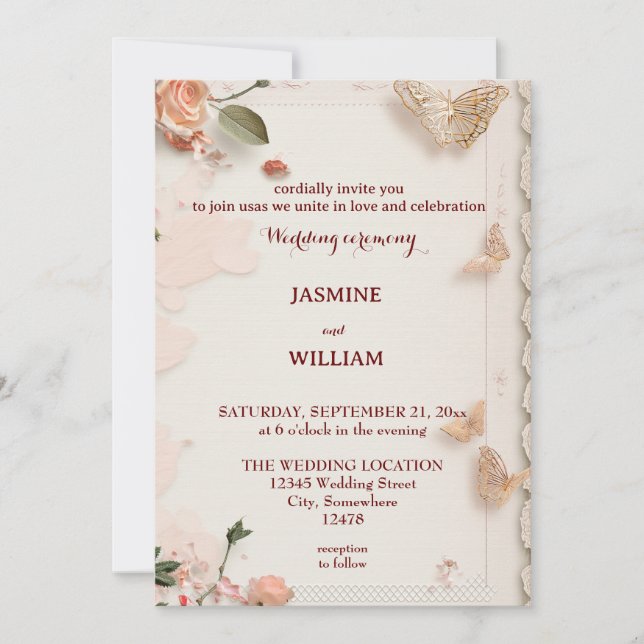 Tarjeta de Invitación de Boda con Flores Elegantes (Anverso)