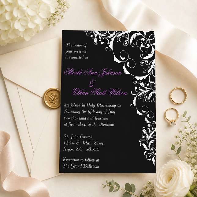 Tarjeta de Invitación de Boda con Flores Negras y  (Black and White Flourish Wedding Invitation)