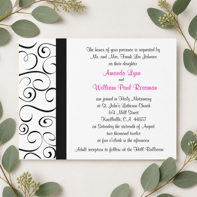 Tarjeta de Invitación de Boda con Flores Negras y  (Black and White Flourish Wedding Invitation)