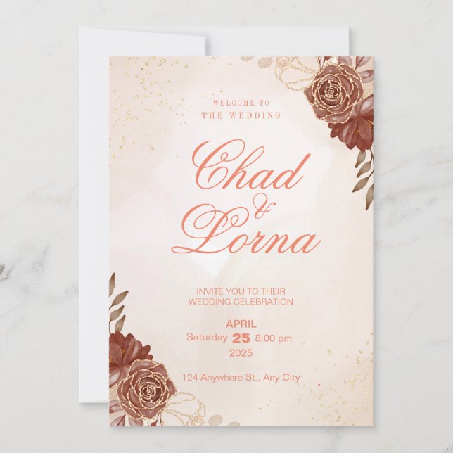 Tarjeta de invitación de boda con flores rosadas a (Anverso)