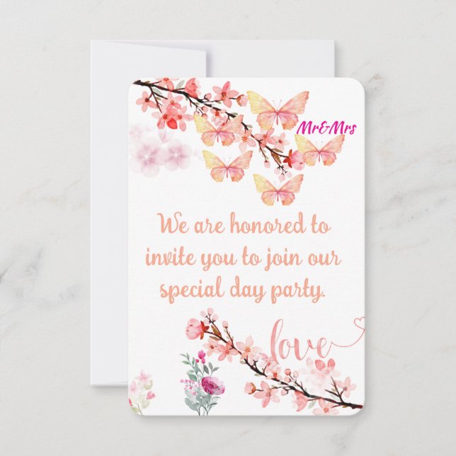 Tarjeta de Invitación de Boda con Flores y Maripos (Anverso)