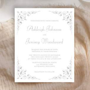 Tarjeta de invitación de boda con follaje de plata