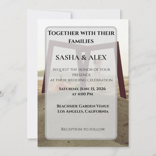 Tarjeta de invitación de boda con foto de playa en (Anverso)
