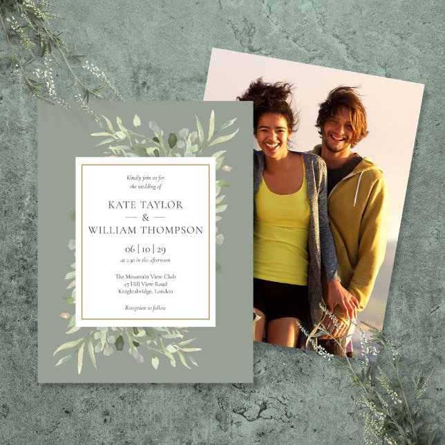 Tarjeta de Invitación de Boda con Foto de Verde Sa (Sage Greenery Wedding Photo Invitation Postcard)