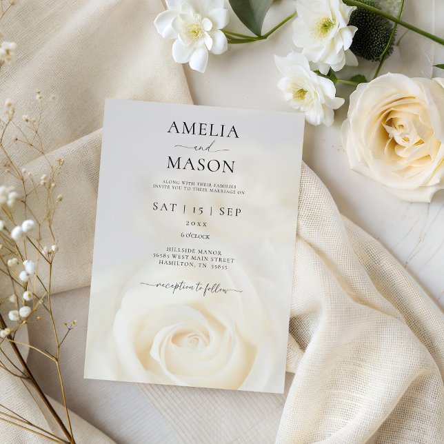 Tarjeta de Invitación de Boda con Fuente de Rosa B (Elegant White Rose Script Wedding Invitation)