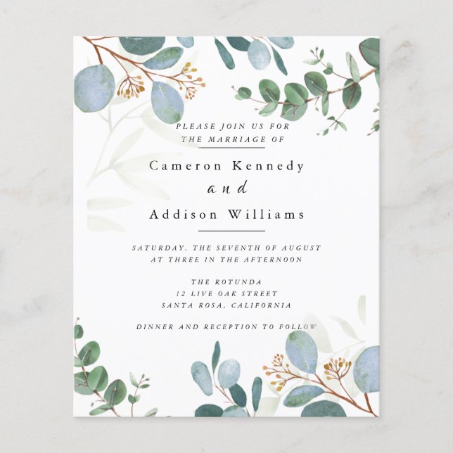 Tarjeta de invitación de boda con hojas de olivo y (Frente)