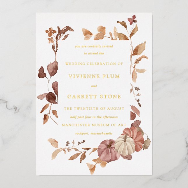 Tarjeta de invitación de boda con hojas de otoño e (Anverso)