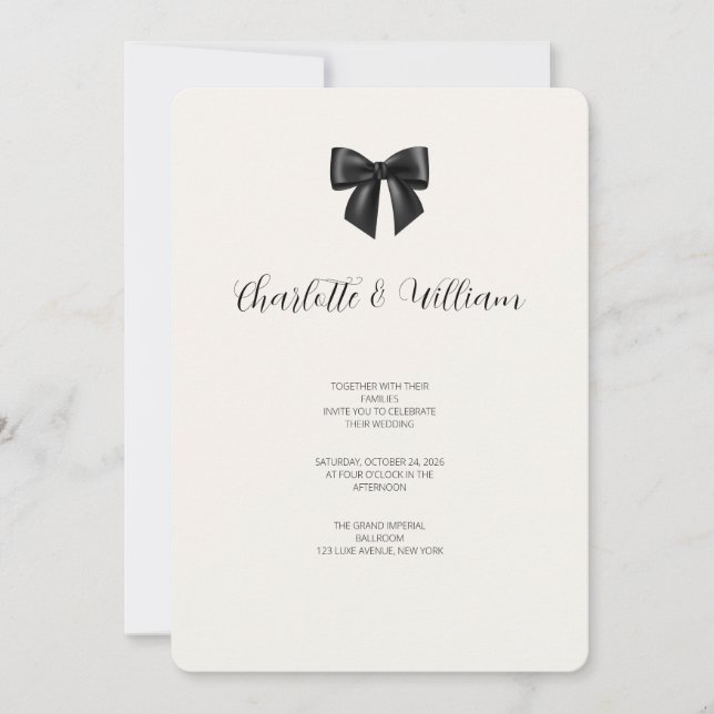 Tarjeta de Invitación de Boda con Lazo de Cinta Ne (Anverso)