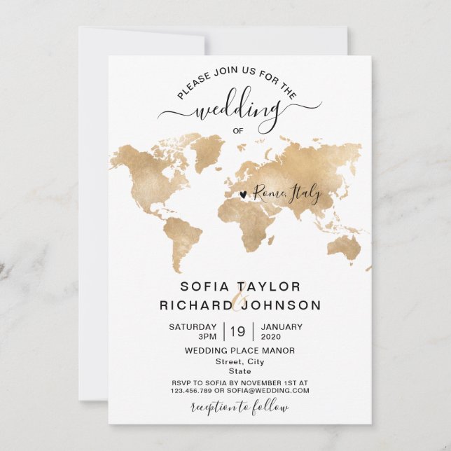 Tarjeta de Invitación de Boda con Mapa Mundial de  (Anverso)