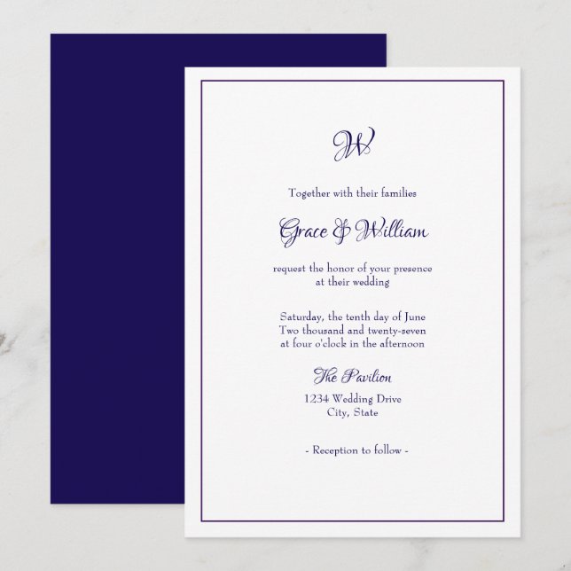 Tarjeta de Invitación de Boda con Monograma de Let (Anverso / Reverso)