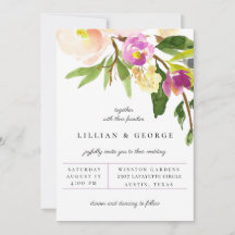 Tarjeta de Invitación de Boda con Ramo Floral Púrp
