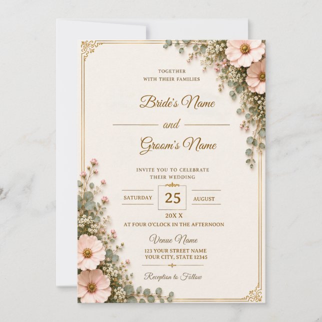 Tarjeta de Invitación de Boda con Template Floral  (Anverso)