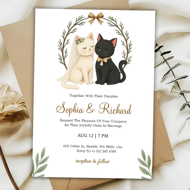 Tarjeta de invitación de boda con un gato beige y  (Subido por el creador)