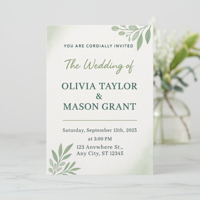 Tarjeta de Invitación de Boda con Vegetación Elega (Anverso de pie)