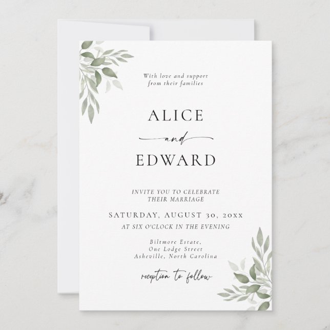 Tarjeta de Invitación de Boda con Verde de Salvia  (Anverso)