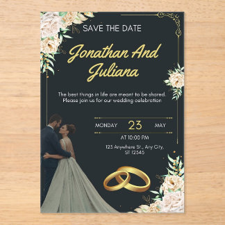 tarjeta de invitación de boda de acrílico floral e