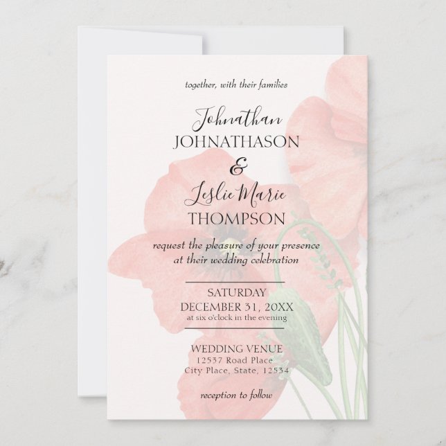 Tarjeta de Invitación de Boda de amapola Floral V2 (Anverso)