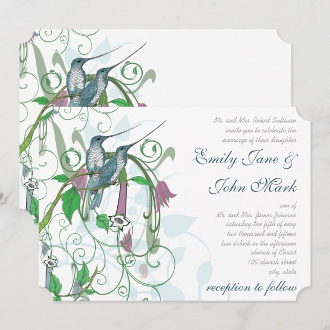 Tarjeta de Invitación de Boda de Colibríes Caprich (Anverso / Reverso)