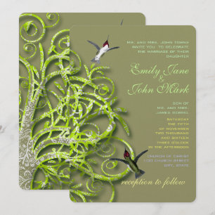 Tarjeta de Invitación de Boda de Colibríes y Árbol