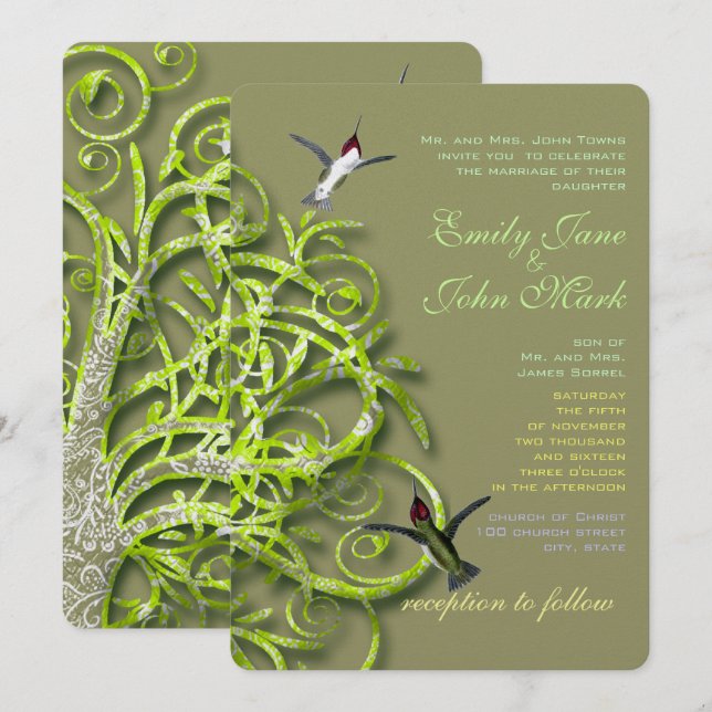 Tarjeta de Invitación de Boda de Colibríes y Árbol (Anverso / Reverso)