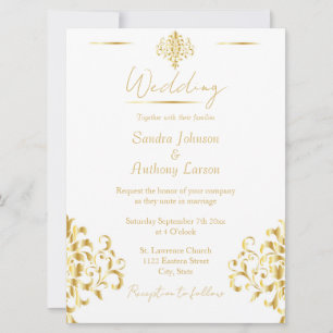 Tarjeta de Invitación de Boda de Damasco Dorado y 
