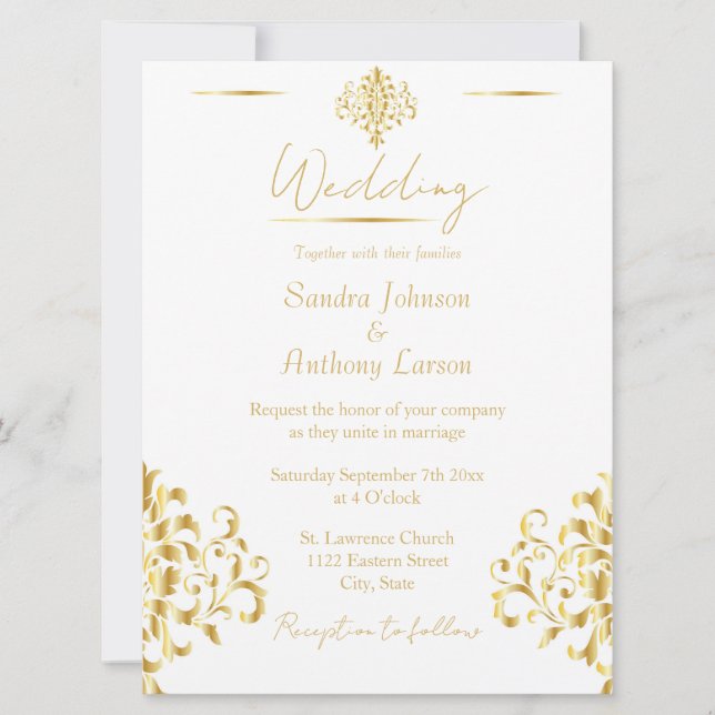 Tarjeta de Invitación de Boda de Damasco Dorado y  (Anverso)