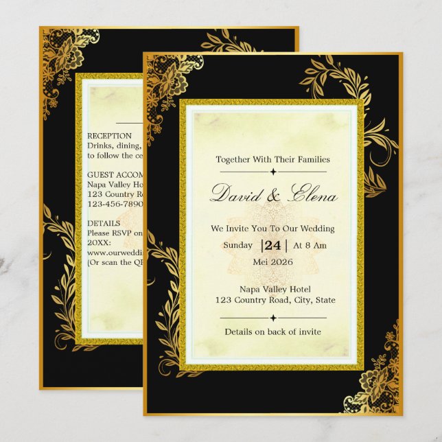 Tarjeta de Invitación de Boda de Encaje Negro y Do (Anverso / Reverso)