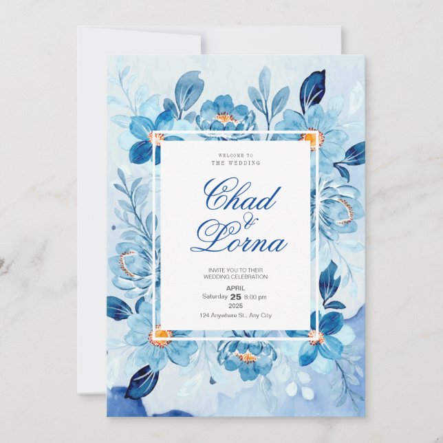Tarjeta de invitación de boda de flores de acuarel (Anverso)