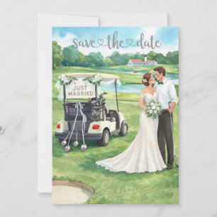 Tarjeta de invitación de boda de golf con novia y