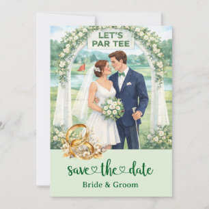Tarjeta de invitación de boda de golf con novia y