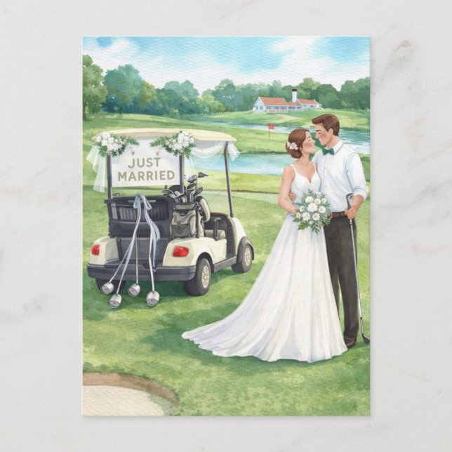 Tarjeta de invitación de boda de golf con novia y  (Anverso)