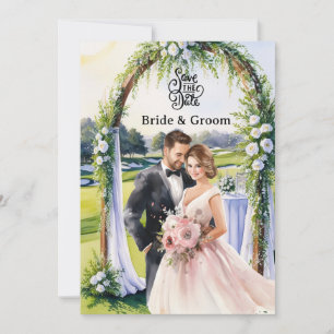 Tarjeta de invitación de boda de golf con novia y