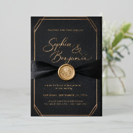 Tarjeta de Invitación de Boda de Lujo Negra y Dora