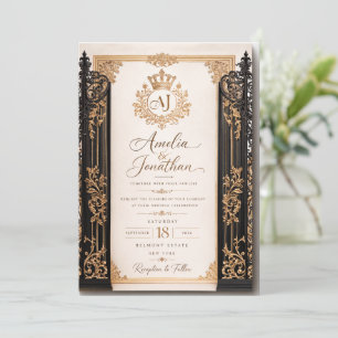 Tarjeta de Invitación de Boda de Lujo Real Negra y