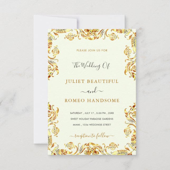 Tarjeta de invitación de Boda de Oro con marco flo (Anverso)