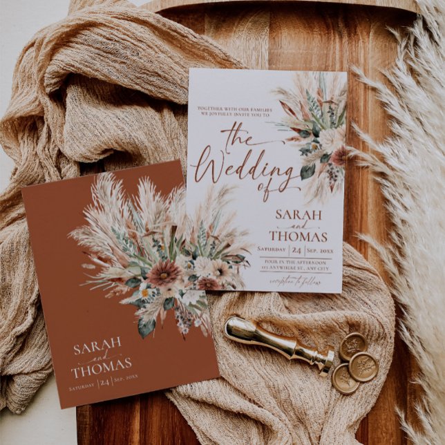 Tarjeta de invitación de boda de otoño rústico Ter (Rustic Fall Wedding Invitation Card Terracotta Boho (Front and Back))
