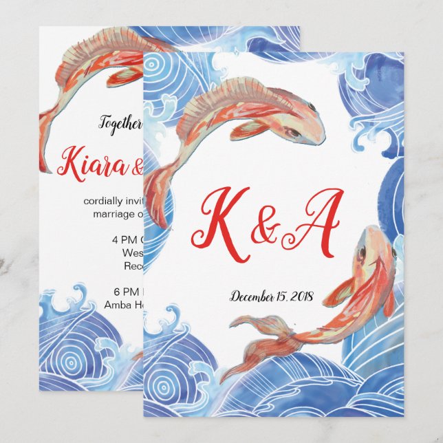 TARJETA DE INVITACIÓN DE BODA DE PESCADO DE KOI (Anverso / Reverso)