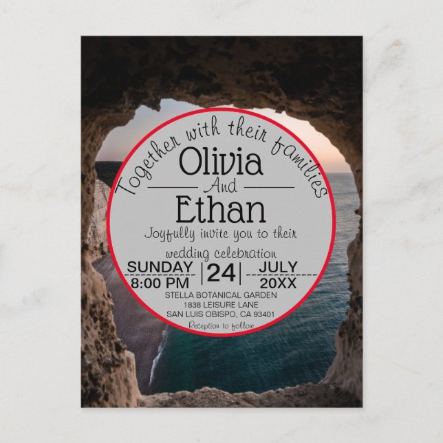 Tarjeta de invitación de boda de playa con paisaje (Anverso)