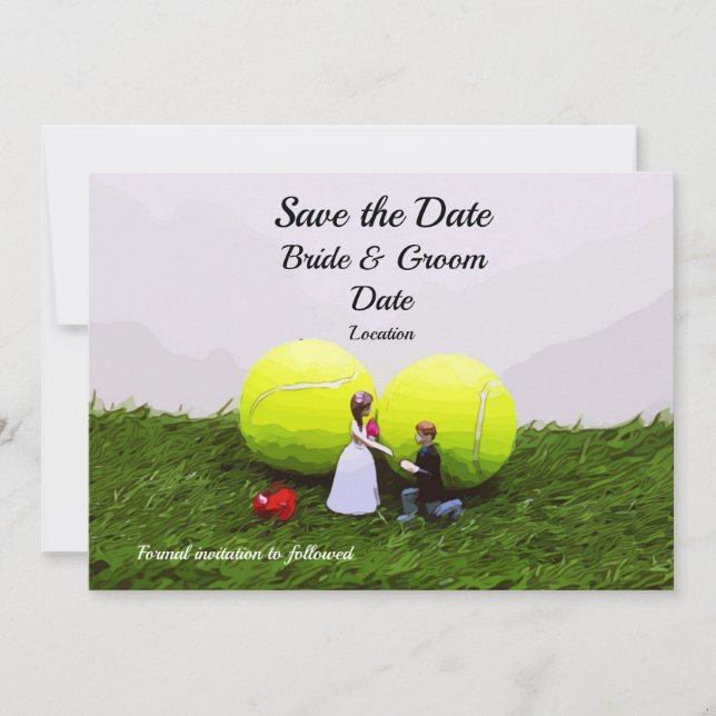Tarjeta de invitación de boda de tenis con novia y (Anverso)