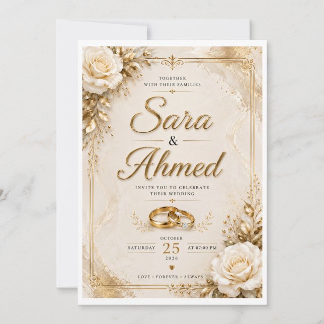 Tarjeta de Invitación de Boda Dorada Elegante | Fl (Anverso)