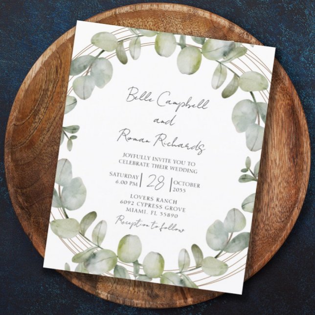 Tarjeta de invitación de boda dorada verde eucalip (Subido por el creador)