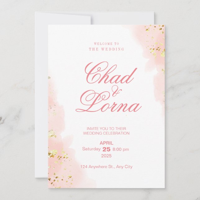 Tarjeta de invitación de boda dorada y rosa (Anverso)