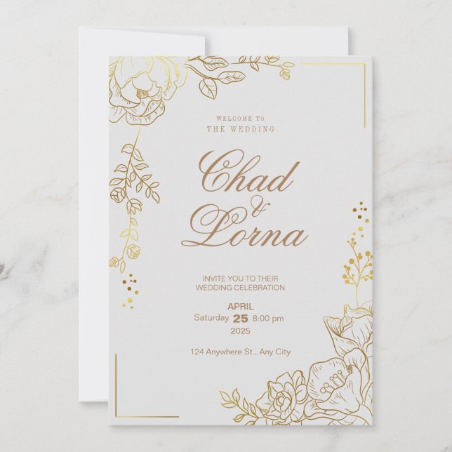 Tarjeta de invitación de boda dorada y rosa (Anverso)