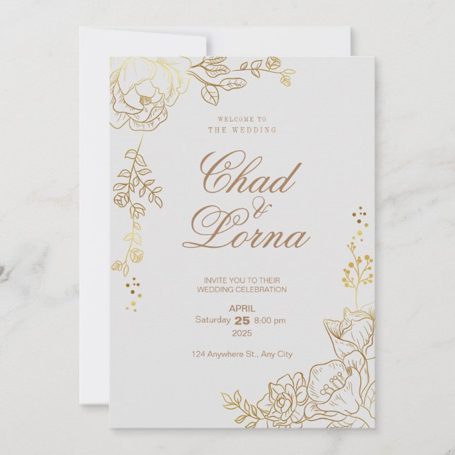 Tarjeta de invitación de boda dorada y rosa (Anverso)