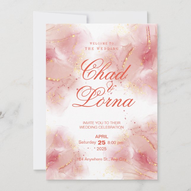 Tarjeta de invitación de boda dorada y rosa (Anverso)