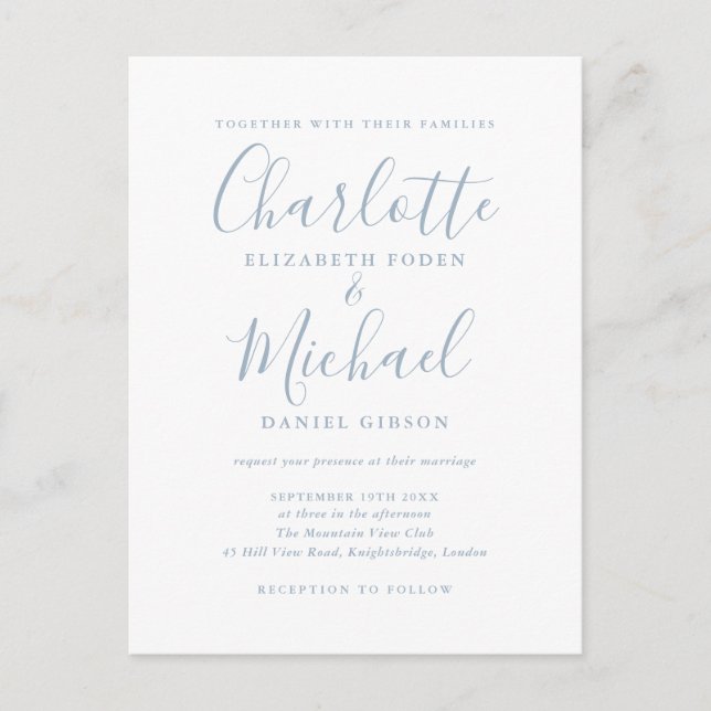 Tarjeta de invitación de boda Dusty Blue con guión (Anverso)