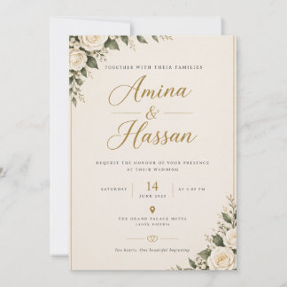 Tarjeta de Invitación de Boda Elegante Crema y Dor