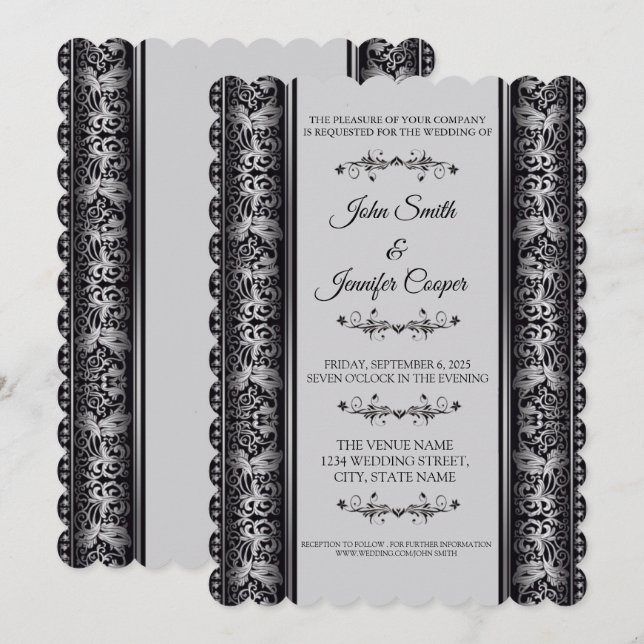 Tarjeta de Invitación de Boda Elegante de Plata y  (Anverso / Reverso)