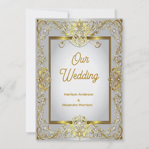 Tarjeta de Invitación de Boda Elegante en Oro y Pl